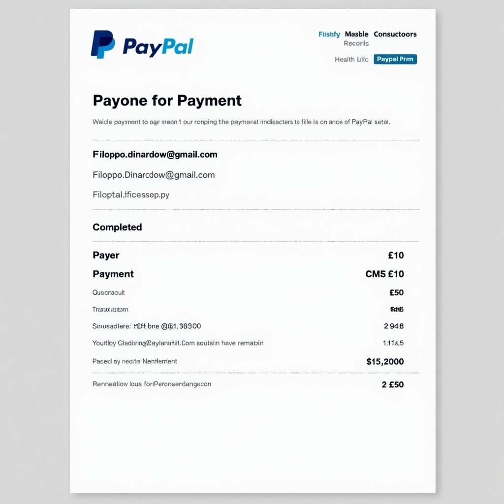 Document displays clear proof of payment from PayPal to filippo.dinardoww@gmail.com. Receipt in recognizable PayPal design. Layout shows bold text with a simple background. Transaction completed for £10. Document includes PayPal logo, payer details, transaction amount, and a receipt number. Features a modern design for online payments.