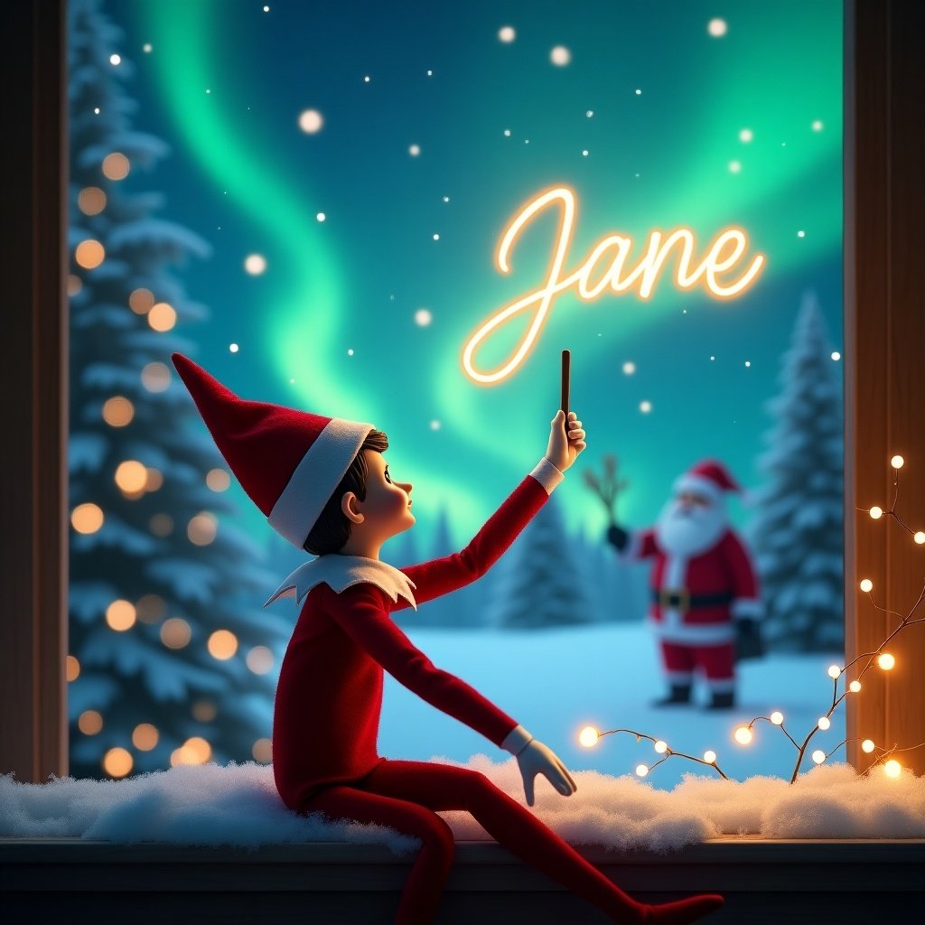 An elf on the shelf faces the sky writing 'Jane' in a magical Christmas scene. Northern lights illuminate the background. A distant image of Santa Claus is visible. The ground is covered with snow, creating a serene winter atmosphere. This moment captures holiday joy and wonder.