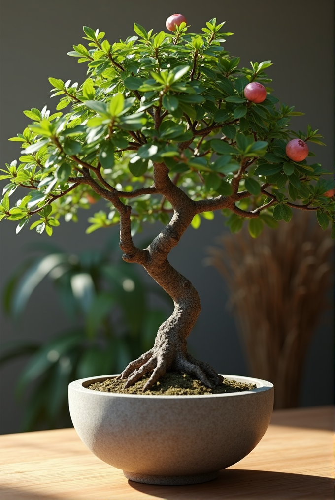 A bonsai tree with rich green leaves and small pink fruits sits in a round pot on a wooden surface, bathed in sunlight.