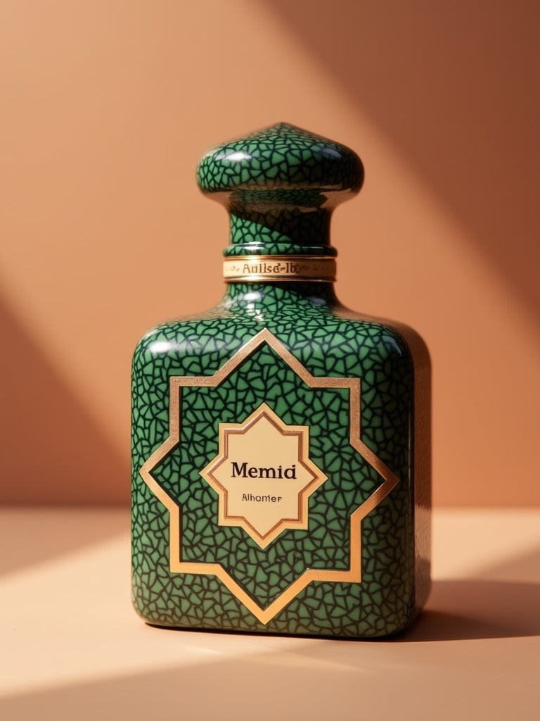 Create a customizable perfume packaging inspired by Moroccan scents. Emphasize modern aesthetics with traditional touches. Use a color palette of garnet red, royal green, and beige. Incorporate subtle Moroccan patterns like zellige to reflect cultural heritage. The bottle should be elegant with a space for personalization such as engraving a name.