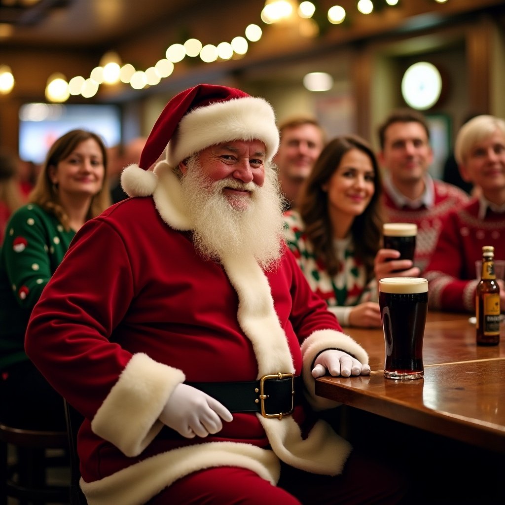 Santa in festive attire enjoying a Guinness. Background features men and women in Christmas jumpers. Setting in a busy and lively pub with a festive ambiance.