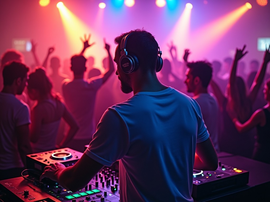 The image captures a vibrant nightlife scene with a DJ at the forefront, blending electronic music for an excited crowd. The DJ, wearing headphones, is focused on the mixing console, adjusting the controls in sync with the music. Behind him, attendees are energetically dancing, some raising their hands in the air, creating an atmosphere of unrestrained joy. Bright lights in shades of purple, blue, and orange illuminate the venue, enhancing the festive mood. This setting reflects the exhilarating world of club life and live music events.