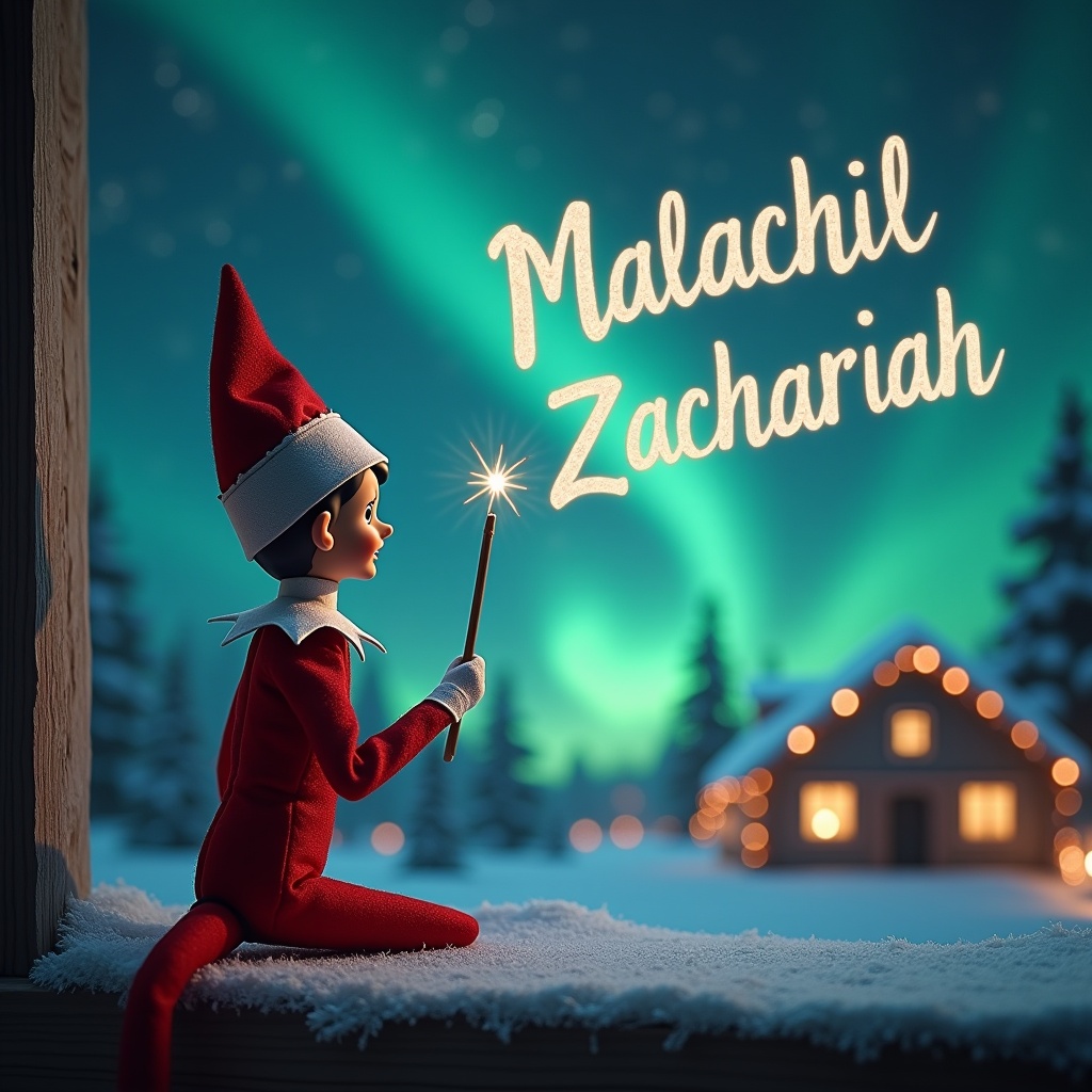 The scene depicts an Elf on the Shelf character that is positioned facing the sky, with its back to the viewer. This elf holds a wand and is in the act of writing the name 'Malachi Nathaniel Zachariah' in the night sky. The background is filled with a magical Christmas atmosphere, highlighted by shimmering northern lights and a cozy house reminiscent of holiday cheer. Snow blankets the ground, emphasizing the winter season. The scene is designed to evoke feelings of joy and festive spirit.