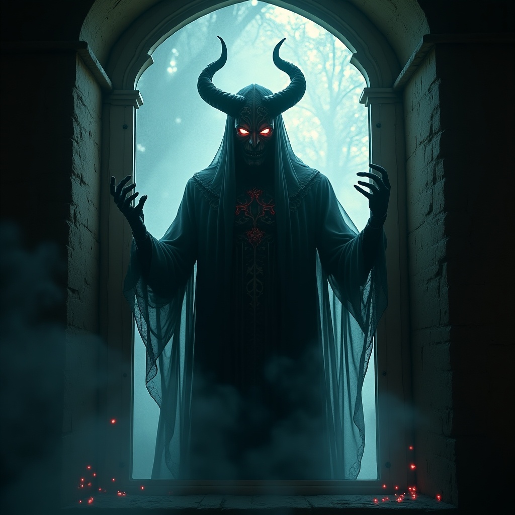 A menacing figure of an evil jinn stands in front of a window, shrouded in dark robes that billow around him. His glowing crimson eyes pierce through the mist, adding an unsettling aura to the scene. The setting is mysterious, with a foggy ambiance that enhances the supernatural tension. Horns protrude from his head, giving him a fearsome appearance. The faint glow hints at hidden power, inviting both curiosity and dread. The backdrop of the window adds depth to the image, giving it an eerie, enchanting effect.