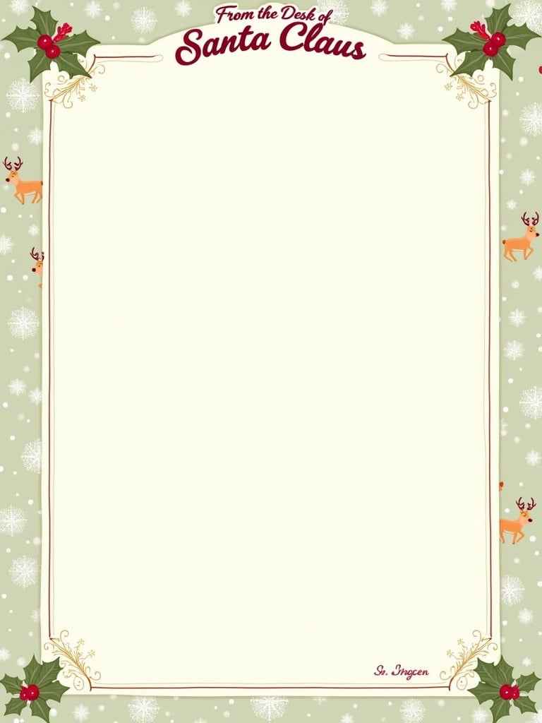 An elegant letterhead design featuring a classic Christmas theme. The background shows snowflakes and reindeer. Holly leaves frame the sides of the page. At the top, the text reads 'From the Desk of Santa Claus' in festive cursive. The letterhead is designed for personal letters addressed to 'Imogen.' Warm and friendly text congratulates Imogen on being on the Nice List. The letter concludes with Santa’s signature and a promise of surprises.