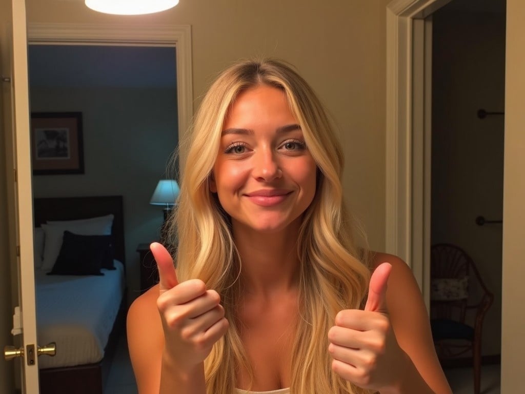 A young woman takes a selfie with a thumbs up sign in a bathroom. She has long, straight blonde hair and wears bright makeup that enhances her features. The lighting above provides a warm glow, making the setting feel cozy. In the background, you can see a dark bedroom through the open bathroom door. The phone captures her cheerful expression at a slight upward angle, highlighting the ambiance of the scene.