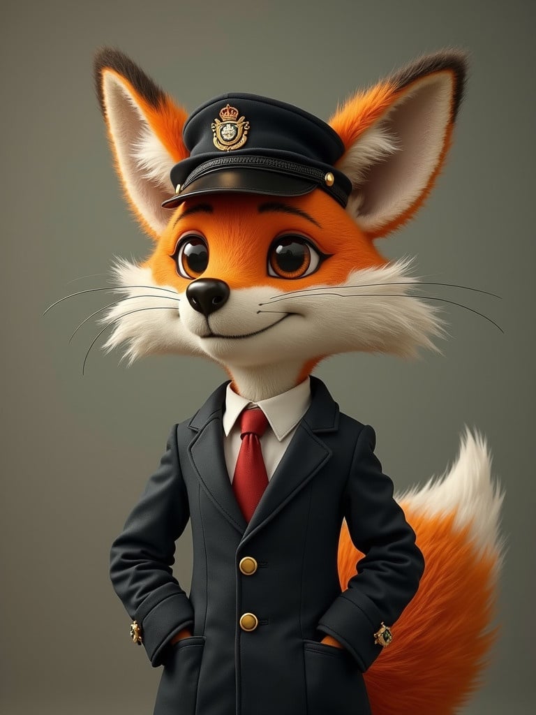 A fox character wears a chauffeur cap and a formal suit. The fox character has a large fluffy tail. The setting has a simple grey background. The overall look is cartoonish and whimsical.