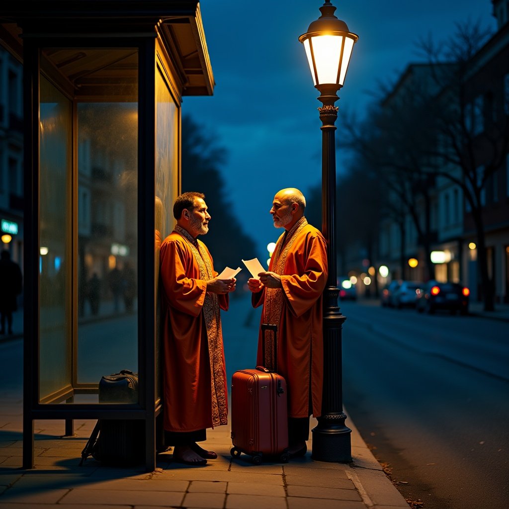 A quiet street at night shows two men dressed in traditional attire talking by a bus shelter. They hold papers and appear engaged. Their colorful robes contrast with the evening sky. Luggage sits beside them, hinting they are travelers. A street lamp casts warm light and reflections in the glass enhance visual interest.