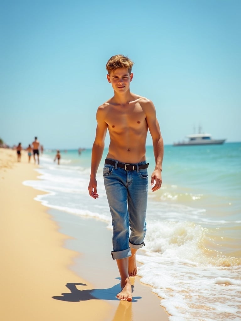 A young muscular slim teenage boy walks along a beach. He wears extremely low hanging jeans. He walks barefoot by the shore. The ocean waves meet the sandy beach. The sun shines bright above.