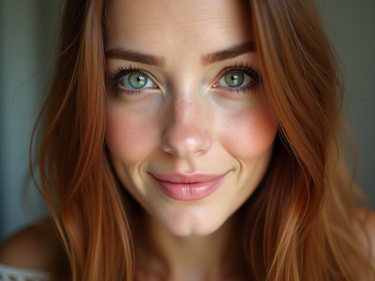 A woman with striking green eyes and full lips softly smiles in gentle, natural light. Her long straight auburn hair falls beautifully around her face. The focus is on her captivating eyes and inviting smile. The background is softly blurred, enhancing the clarity of her features. This close-up portrait evokes a sense of warmth and approachability.