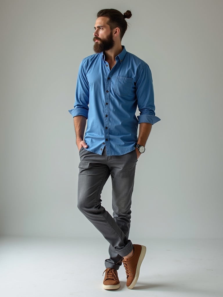 A stylish man wearing a blue shirt with a button-down front and grey pants. He pairs the outfit with brown sneakers. The background is minimalistic and soft in tone.