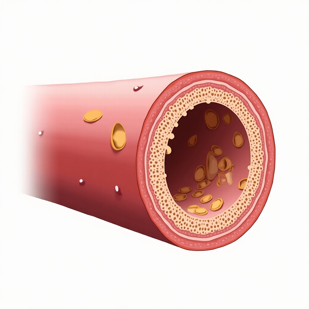 Illustration of atherosclerosis within a coronary artery. Shows the buildup. Highlights the blood vessel structure.