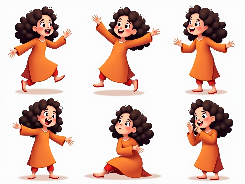 This image showcases a cheerful and animated girl character depicted in various playful poses. She has curly, brown hair and wears a long orange dress. The expressions range from joy and excitement to curiosity. Each pose captures a moment of movement, reflecting a lively personality. The bright color palette reinforces the cheerful theme. This character could be used for various children’s media contexts, from books to animations.