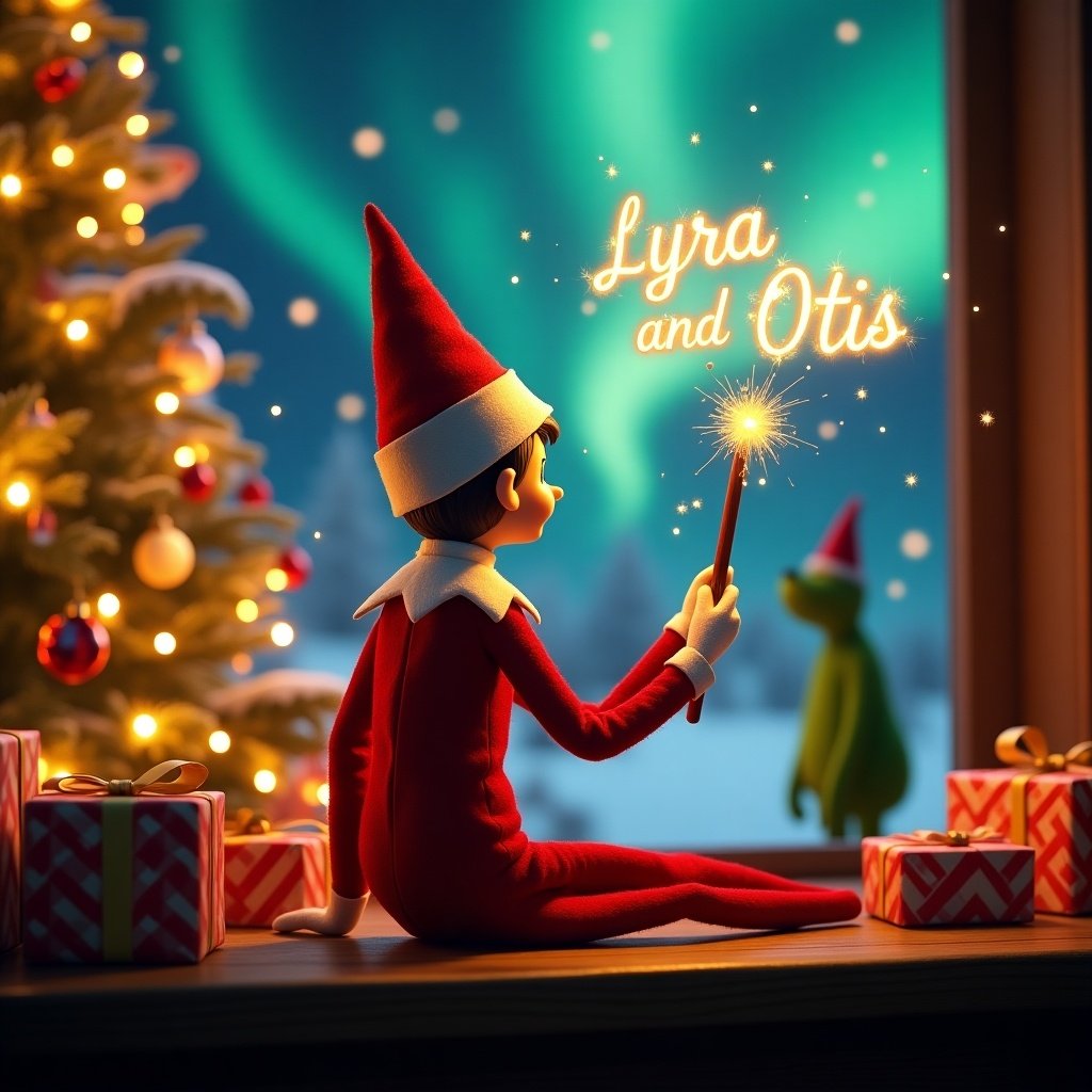 An elf on the shelf sits with its back to the viewer, enjoying a festive Christmas scene. Behind the elf, there’s a brightly lit Christmas tree adorned with colorful ornaments, surrounded by beautifully wrapped presents. The elf is playfully positioned, holding a glowing wand that emits sparkling light. In the background, the enchanting northern lights swirl above, adding to the magical ambiance. There’s a playful nod to 'Lyra and Otis' created in the air by the wand. Off in the distance, the Grinch peeks through a window, completing this whimsical holiday tableau.