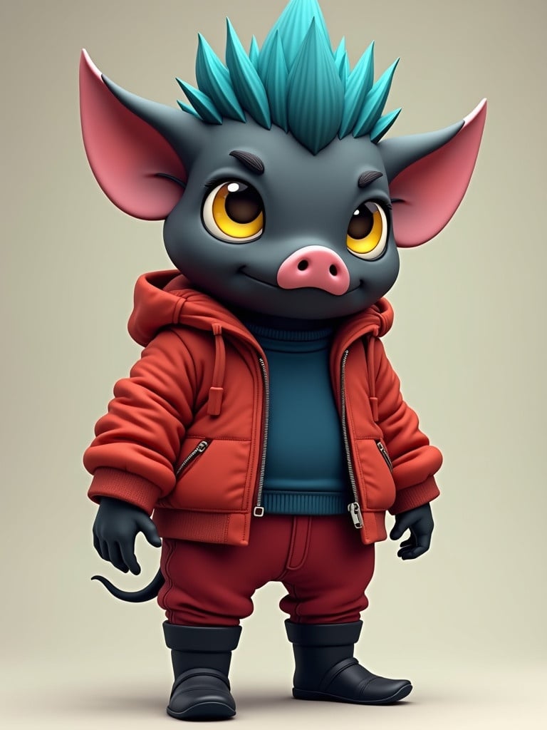 A humanoid pig with dark black skin and short blue hair styled in a pixie cut. The character has bright yellow eyes. It's wearing a red zipper jacket over a dark blue shirt and paired with red pants. Character stands tall with black boots showing stylish demeanor.