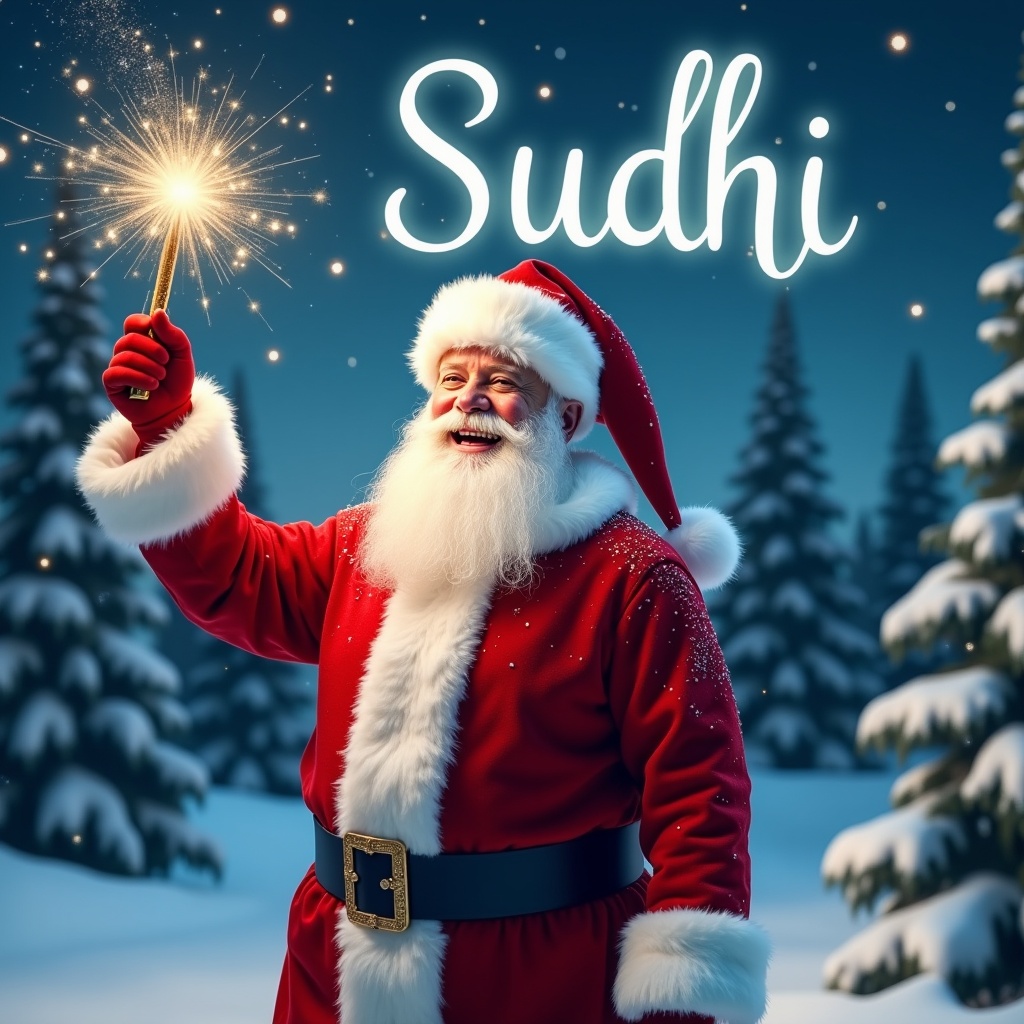 A joyful Santa Claus in a snowy setting. He holds a shining magical wand. Santa wears a classic red suit with white trim. He has a twinkling expression. Names appear in the sky. The background features evergreen trees and a starry sky. The scene is festive and magical.