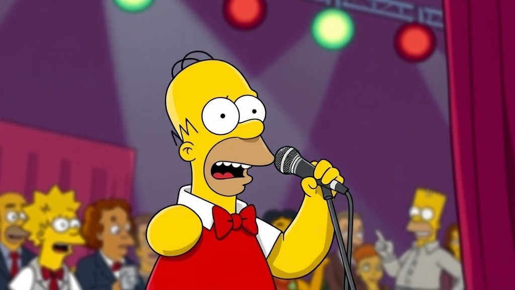 An animated character from The Simpsons holding a microphone on stage, with vibrant lighting and background characters in a comedic setting.