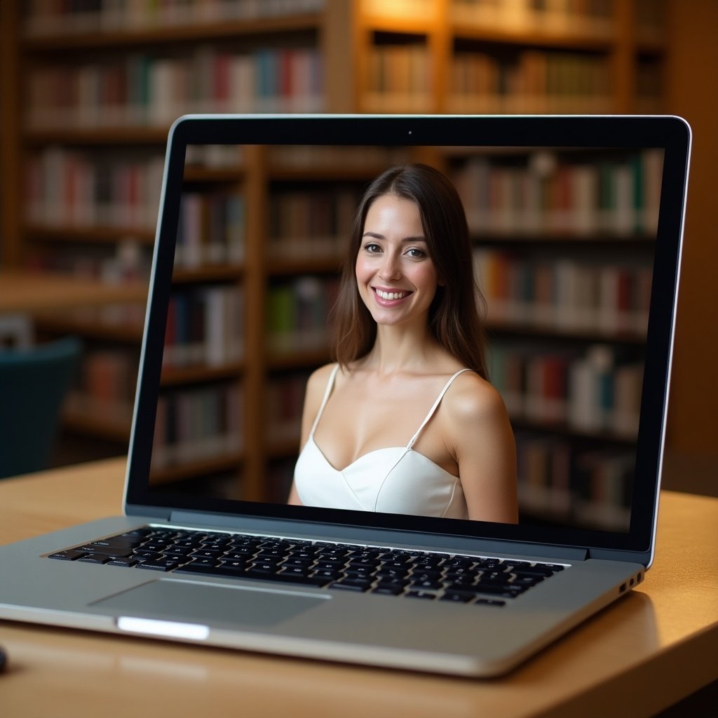 A laptop is open on a wooden desk, and its screen displays the image of a woman wearing a white dress. The background shows a library with shelves filled with books, creating a scholarly environment. The woman has a warm smile, and her hair is styled elegantly. The close-up on the laptop draws attention to her expression, suggesting a friendly and inviting interaction. The overall scene blends technology with a classic educational theme.