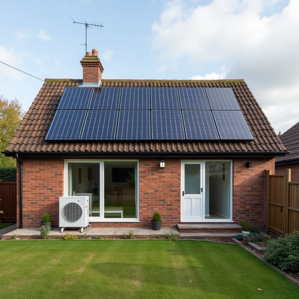 Image of a UK style home prominently featuring solar panels on the roof and a visible heat pump on the side. The house has a neatly kept lawn and a warm brick exterior. Ideal lighting highlights the modern energy solutions.