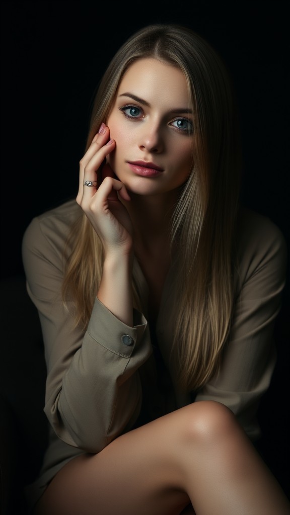 A woman with long blonde hair is seated, softly lit against a dark background, gazing thoughtfully at the camera.