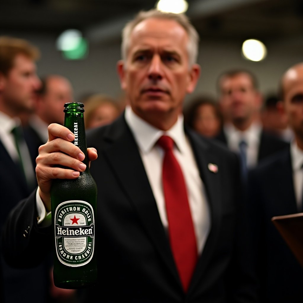 Person holding Heineken bottle at an event. A gathering of people in the background. Formal attire. Bright lighting. Focus on the bottle and the person holding it.