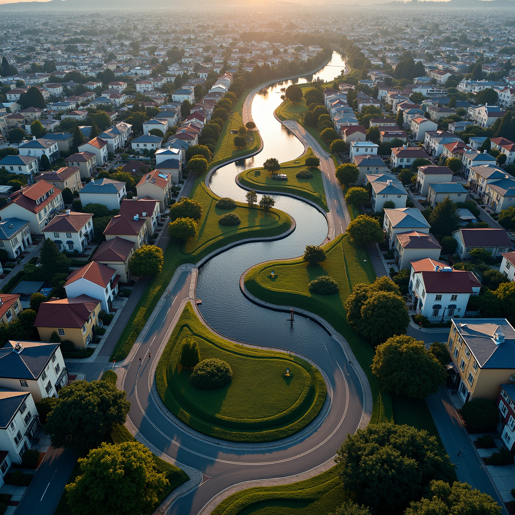 An aerial view of a suburban neighborhood at sunrise, showcasing a winding canal lined with lush greenery and symmetrical rows of houses with colorful rooftops.