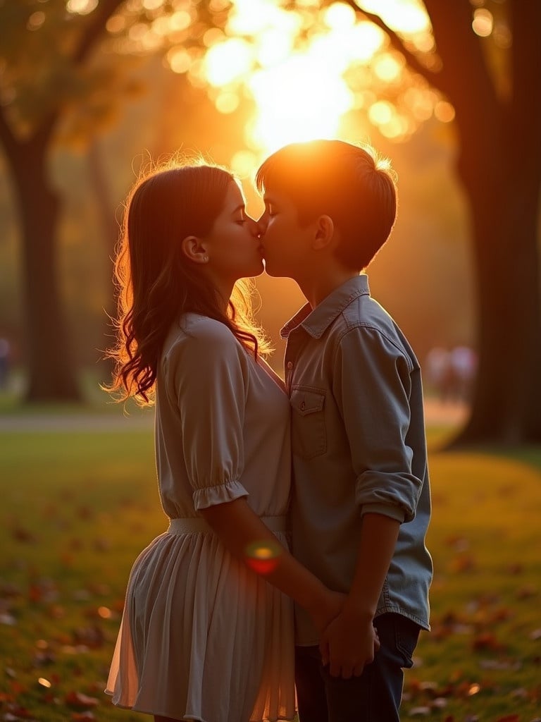 A girl and boy kissing each other in a park during sunset. Warm light surrounds them.