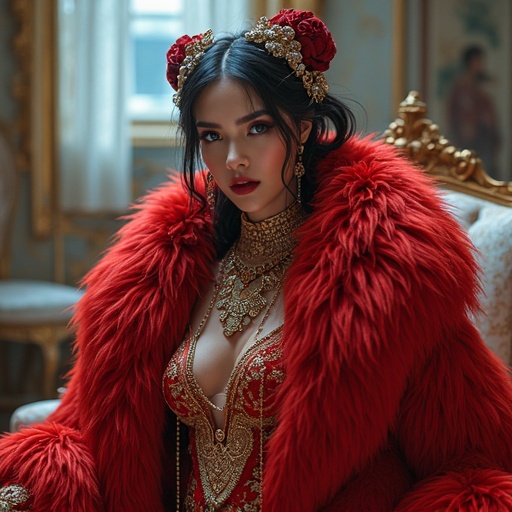 Extreme high fashion look featuring luxurious couture with anime influences. The model showcases a unique style with stunning red attire and bold accessories. The setting conveys a high-impact, futuristic vibe, combining elements of opulence and edgy aesthetics. The composition captivates with vivid colors and intricate designs.