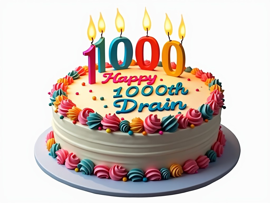 The image features a beautifully designed birthday cake celebrating a special 1000th milestone. On top, vibrant colored candles light up the scene, adding a festive touch. The cake icing beautifully reads 'Happy 1000th Drain' in multicolored letters. Its elegant design includes delightful swirls of icing around the edge, inviting the viewer to celebrate. The plain white background makes the colorful elements of the cake pop, emphasizing its joyous theme. It's perfect for commemorating a unique milestone in a delicious way.