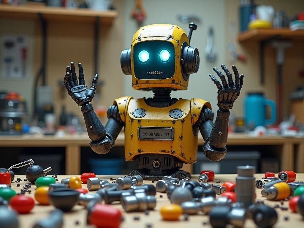 Cute retro robot in a workshop setting surrounded by various mechanical parts, arms raised in curiosity or confusion, bright blue eyes, yellow paint chipping, vintage sci-fi aesthetic.