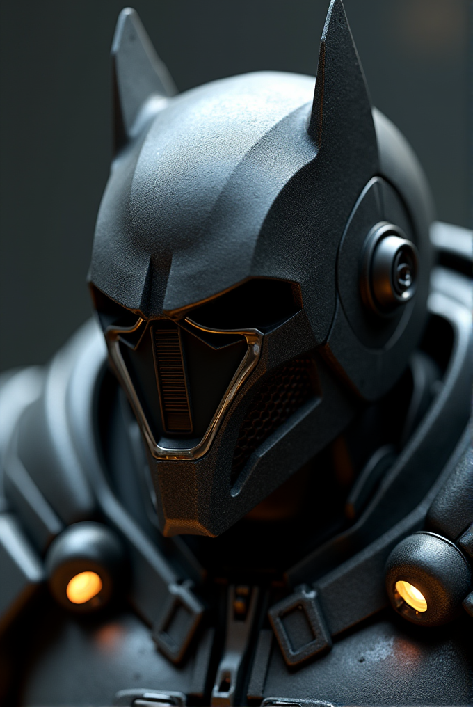 A sleek, modern interpretation of a Batman-inspired helmet with glowing elements.