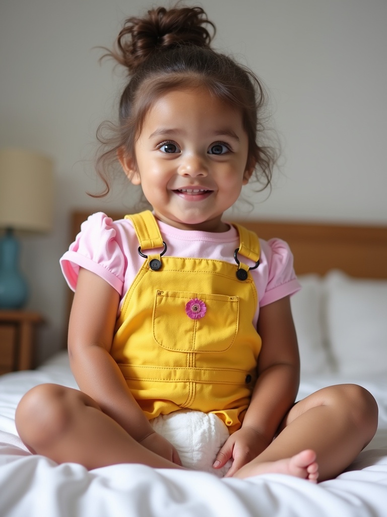 A girl seated on a bed wearing yellow dungarees and a pink t-shirt. She has a diaper underneath her clothing. She is in a relaxed position with her legs crossed.