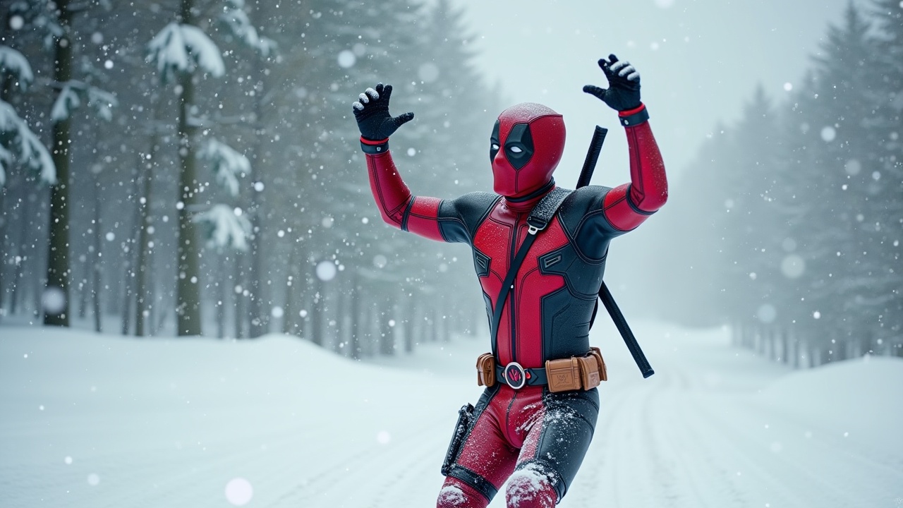 A costumed superhero stands in a snowy forest, raising their gloved hands playfully as snowflakes fall around them. Their red and black suit contrasts sharply against the white snow, creating a vibrant and dynamic scene. The forest in the background is blurred, enhancing the focus on the character's lively stance and costume detail.