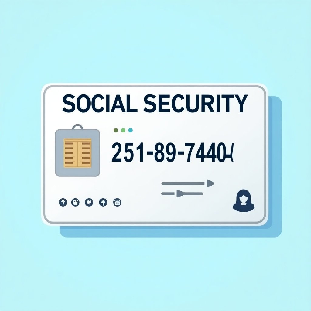 Depiction of a generic social security card featuring 'SOCIAL SECURITY' at the top. Key number is '251-89-7404'. Graphic chip represents modern identification. Decorative elements indicate official nature. Background is soft blue.