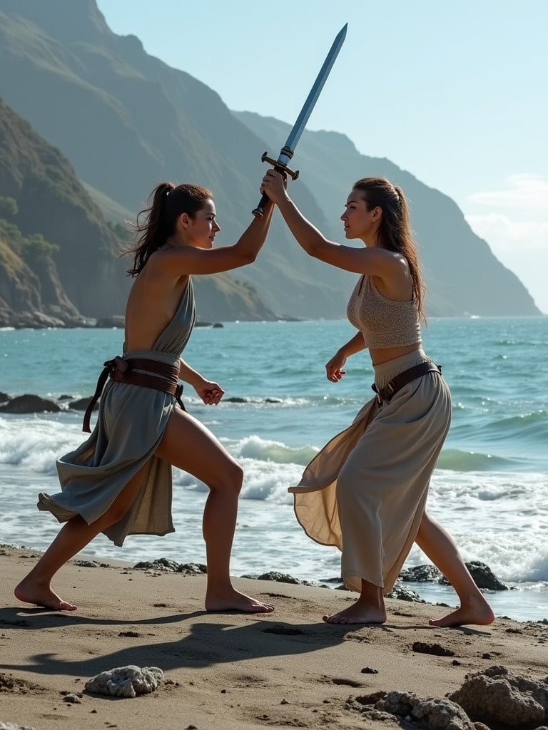 Two women engage in a fierce combat stance on a rocky beach. Both hold swords raised ready for battle. Behind them lies a beautiful mountainous coastline. The scene captures the energy and determination of their duel.