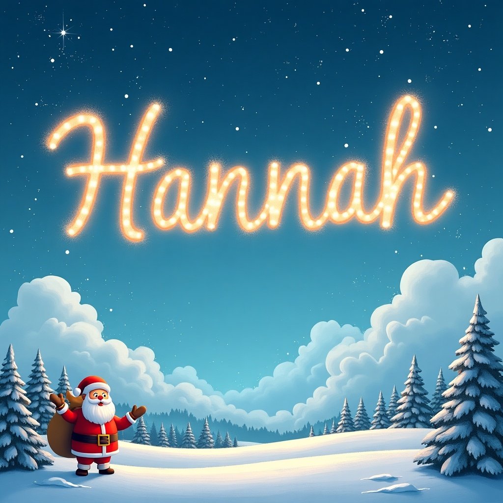 This image features Santa Claus in a snowy scene, joyfully writing the name 'Hannah' in the night sky using illuminated letters. The background is a soft blue, filled with twinkling stars that add a magical touch. Santa is dressed in his classic red and white outfit, holding a bag over his shoulder. In the foreground, there are snow-covered trees that enhance the wintery feel. This scene captures the essence of Christmas and the joy of personalization during the festive season.