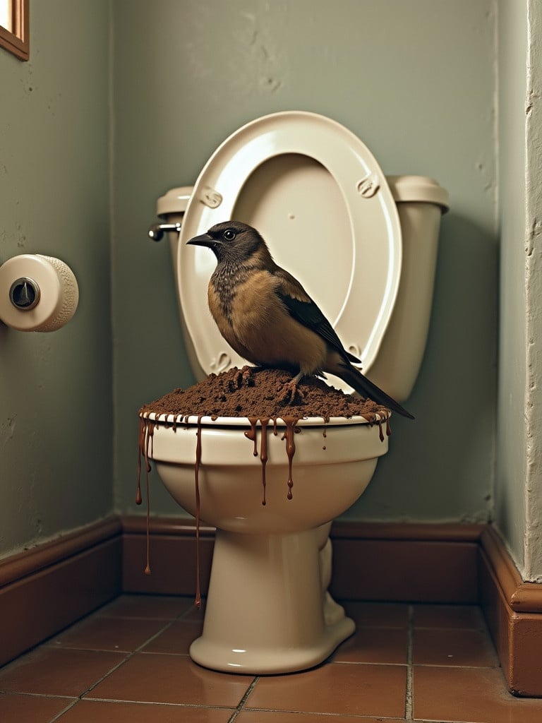 A bird is perched on a toilet. The toilet has a mound of wet poop on its seat. The bathroom has light green walls and beige tiles. The bird appears comically situated.