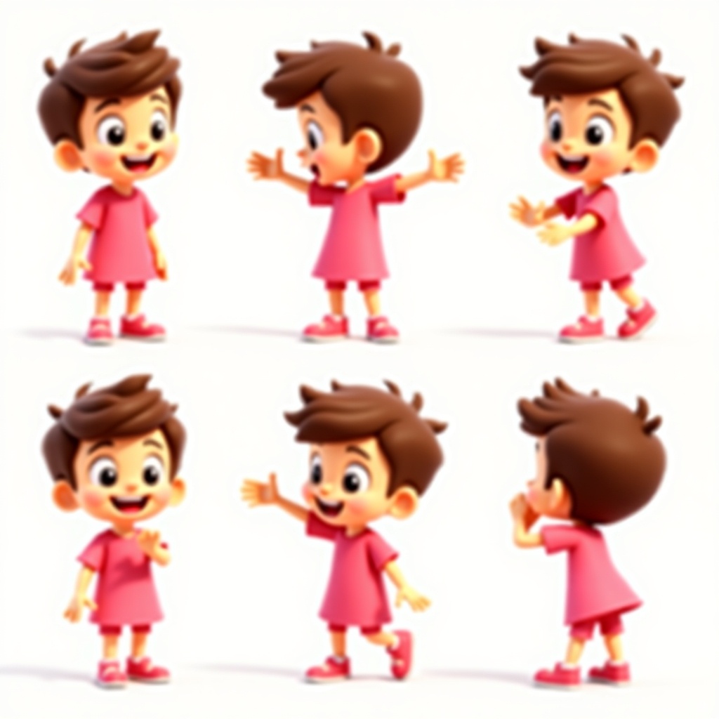 This image features a 3D cartoon character of a young boy with brown hair, dressed in a short pink dress. His expressions range from shyness to excitement and curiosity, showcasing a lively personality. The character is depicted in six different poses that capture movement and emotion. The bright color palette emphasizes the cheerful theme of the character. This design is ideal for use in various children's media contexts, such as books or animations.