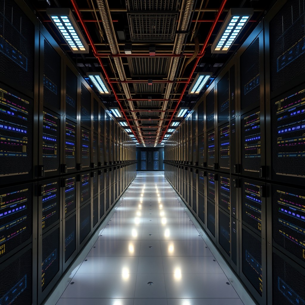 A futuristic data center corridor lined with servers and glowing blue lights.