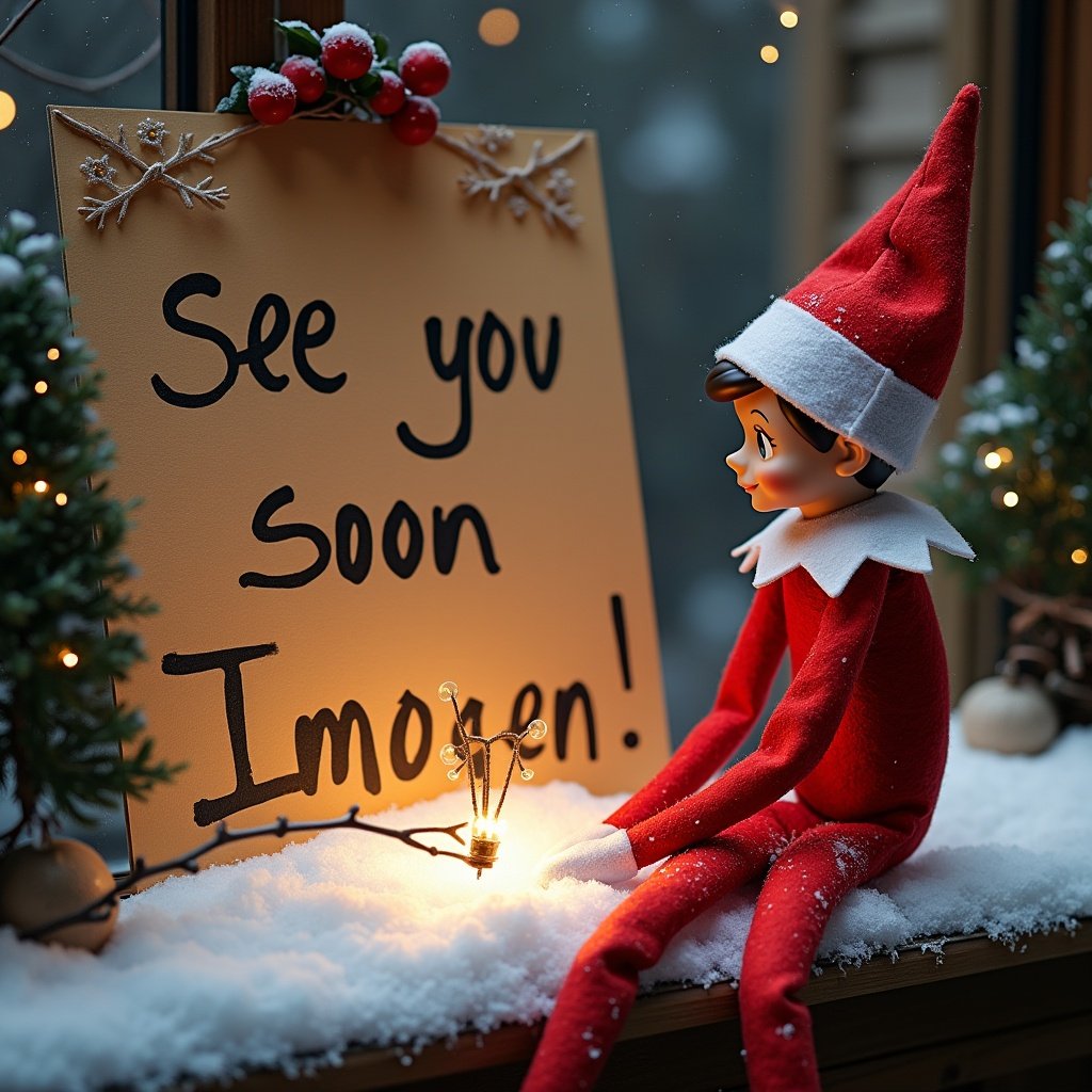 A red male elf is sitting next to a decorative sign that reads 'See you soon Imogen!' The scene is set during the winter season, with soft white snow covering the surface around the elf. The elf is dressed in traditional Christmas colors of red and white, looking cheerful and inviting. The background includes some green pine decorations, adding to the festive feel of the image. A warm glow from a tiny light illuminates the setting, enhancing the cozy atmosphere. The overall composition evokes a sense of holiday charm and warmth, perfect for Christmas celebrations.