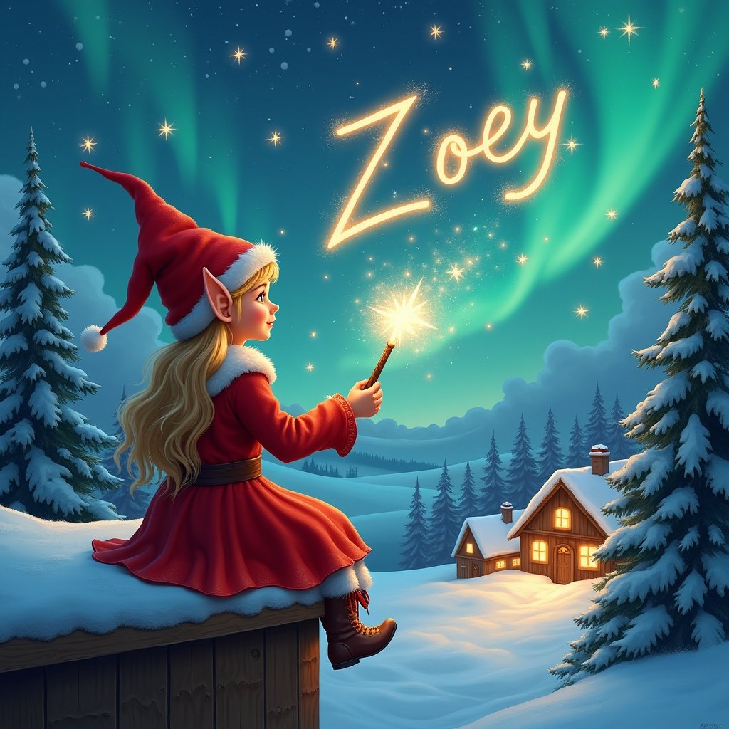 Elf in red dress sits on ledge. Elf holds sparkler writing Zoey in the starry sky. Snowy landscape with houses and trees. Northern Lights shimmer above. Magical atmosphere is depicted.