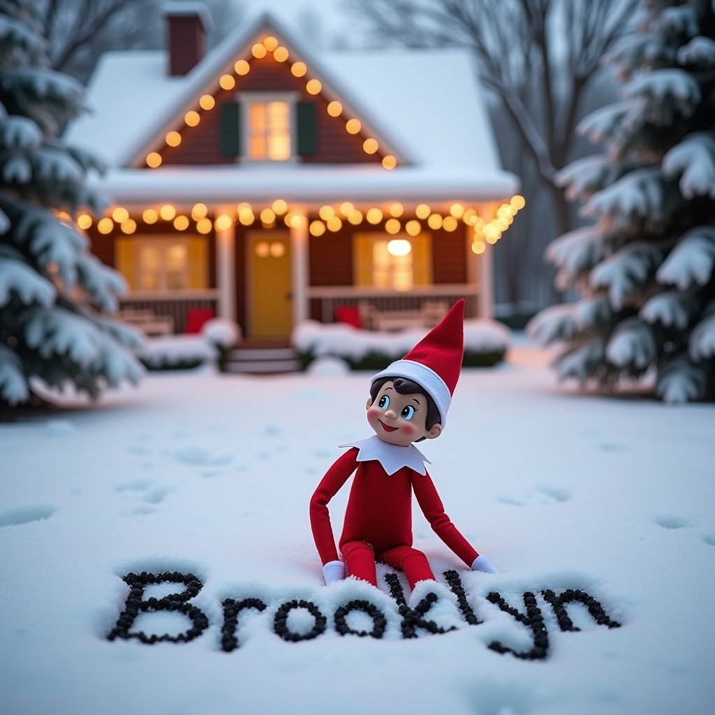 A festive Elf on the Shelf character sits outside in a snow-covered landscape. The elf, dressed in vibrant red and white, beams with a smile as it writes 'Brooklyn' in the fresh snow. Behind the elf, a charming house glimmers with warm lights, creating a cozy atmosphere. Snow-covered Christmas trees add to the festive environment, enhancing the holiday spirit. This delightful scene captures the essence of a cheerful and warm holiday experience, making it perfect for the celebration of the season.