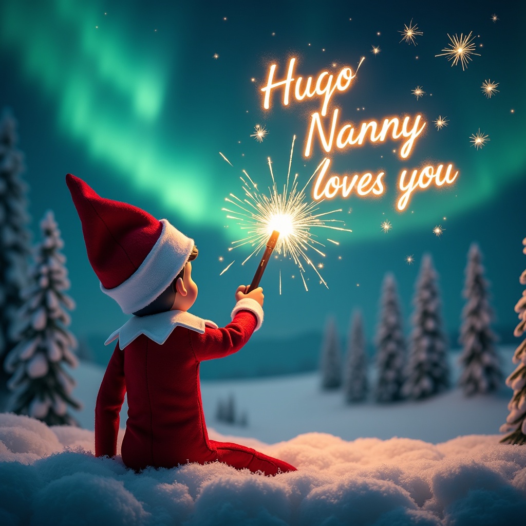 Enchanting Christmas scene. An elf on the shelf faces the sky. Elf is dressed in red and white. Wields a magic wand. Writing sparkler script. Words are 'Hugo' and 'Nanny loves you'. Vibrant northern lights in the background. Snowy setting with Christmas trees. Captures the spirit of Christmas with wonder and excitement.