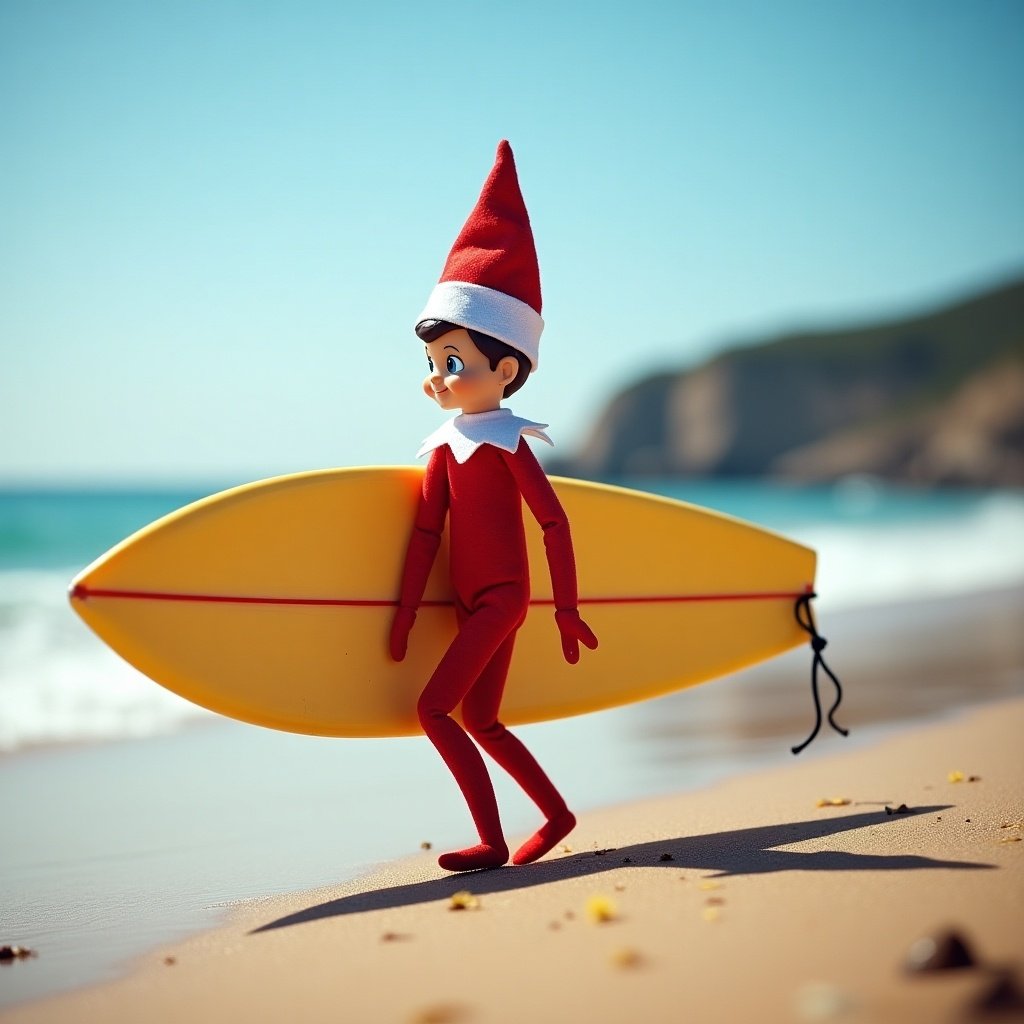 An elf character with a red outfit and hat stands on a beach. The elf holds a yellow surfboard. The scene captures the essence of surf school and beach fun.