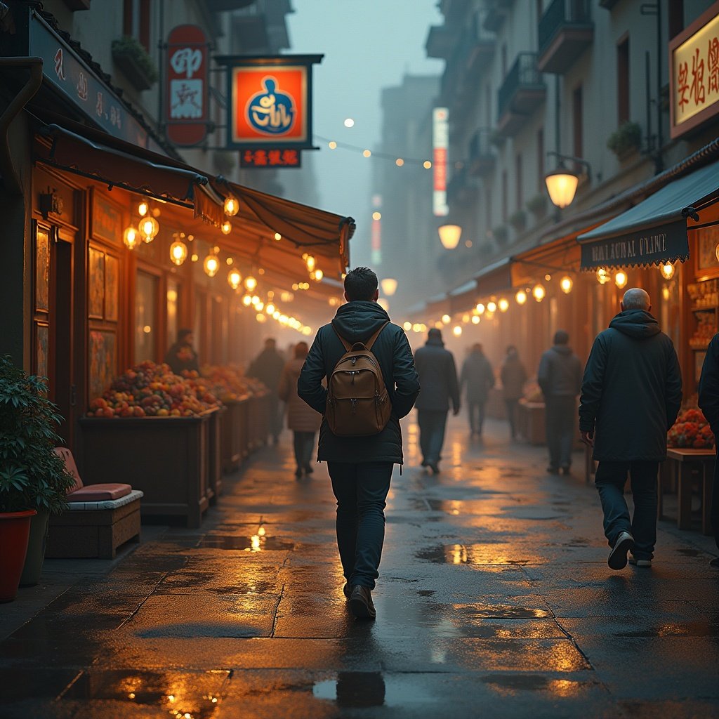 Foggy urban street market with warm light and pedestrians. Person walking down the street. Atmospheric and inviting environment.