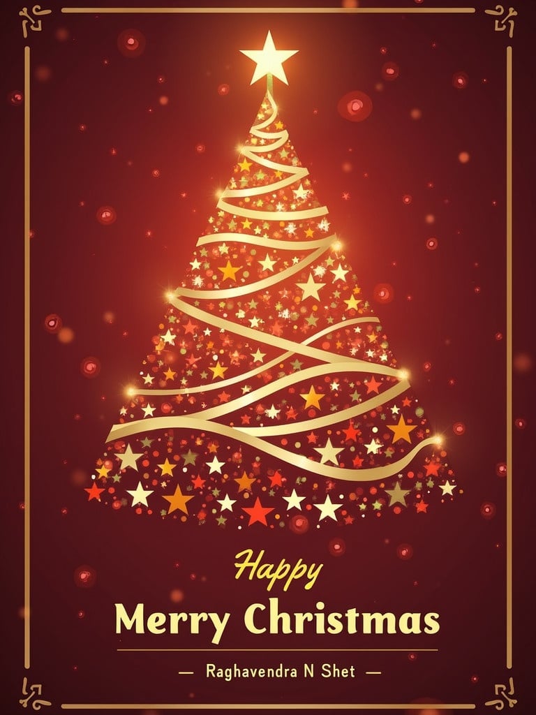 Christmas greeting card design. A decorated Christmas tree with gold decorations and a star on top. Background is red with festive lights. Message includes Happy Merry Christmas.