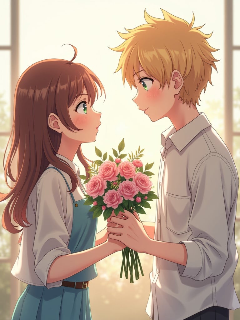 Blond anime boy presents flowers to a brown-haired anime girl. Natural light illuminates their faces. Their figures are central with flowers as the connection. Emotion of tenderness in an intimate setting.