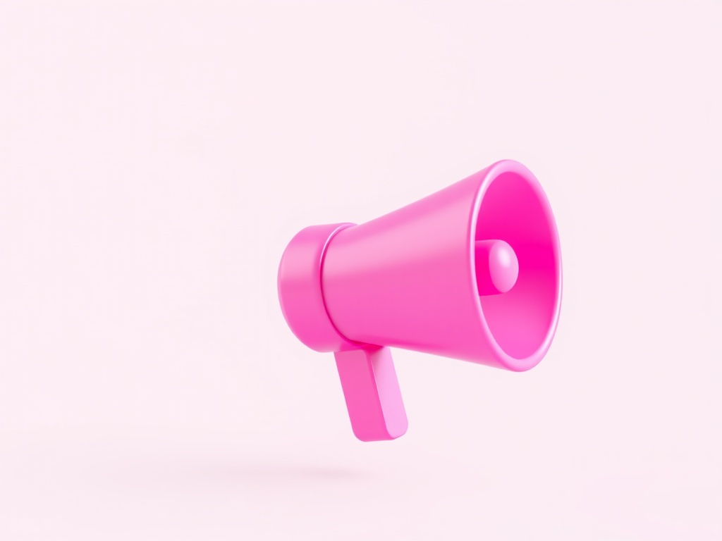 A vibrant pink megaphone floats against a soft pastel pink backdrop, creating a striking yet minimalist visual. The simplicity of the scene emphasizes the megaphone, suggesting themes of communication and announcement in a playful, modern style.