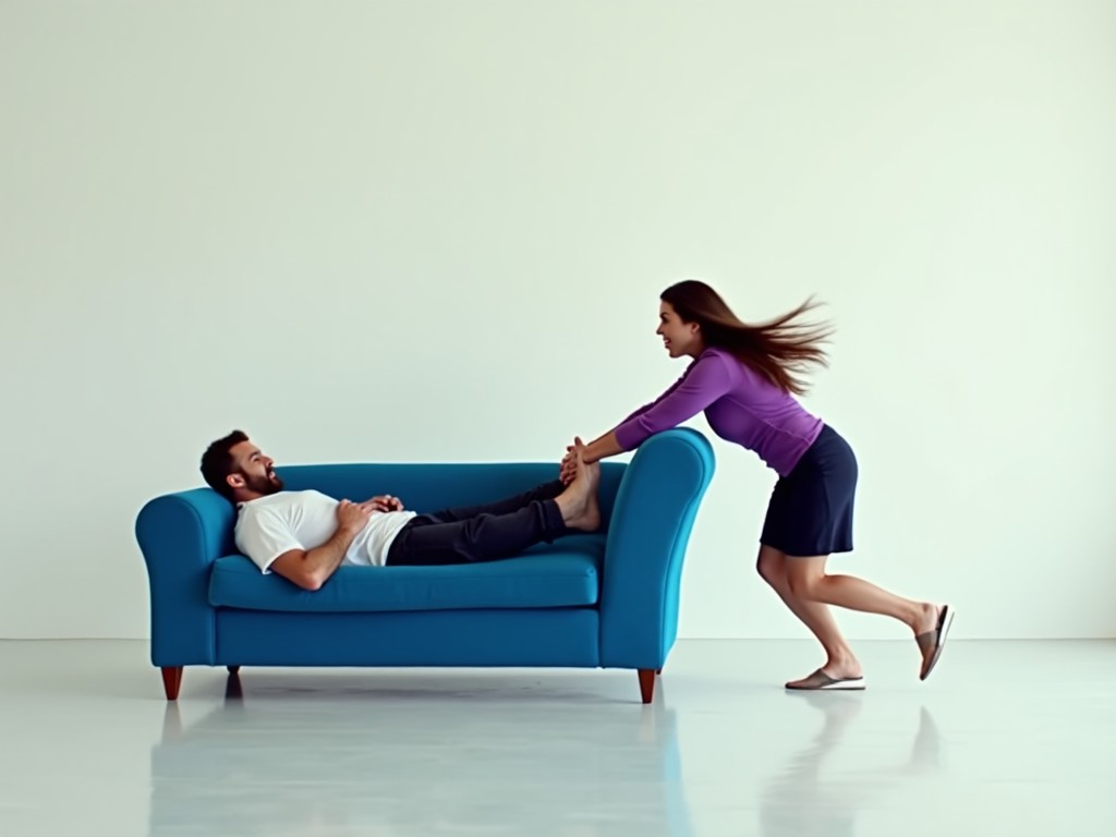 A woman wearing a purple top and dark skirt is dragging a large blue sofa across a plain room. A man is lying on the sofa, being dragged away by the woman, with a surprised expression. The floor is smooth and light-colored, reflecting some light. The woman's hair is long and she appears to be moving with ease. The room has white walls, creating a minimalist setting.