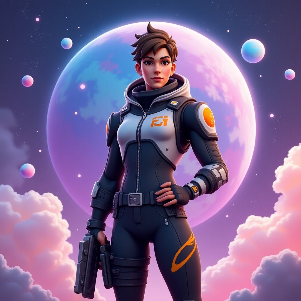 Stylized character from Fortnite with brown hair dressed in futuristic clothing. Standing confidently against a cosmic backdrop with vibrant planets and fluffy clouds. Holding a weapon, prepared for action. Colors of the cosmic scene contrast with the outfit, enhancing dramatic effect. Represents adventure and determination.